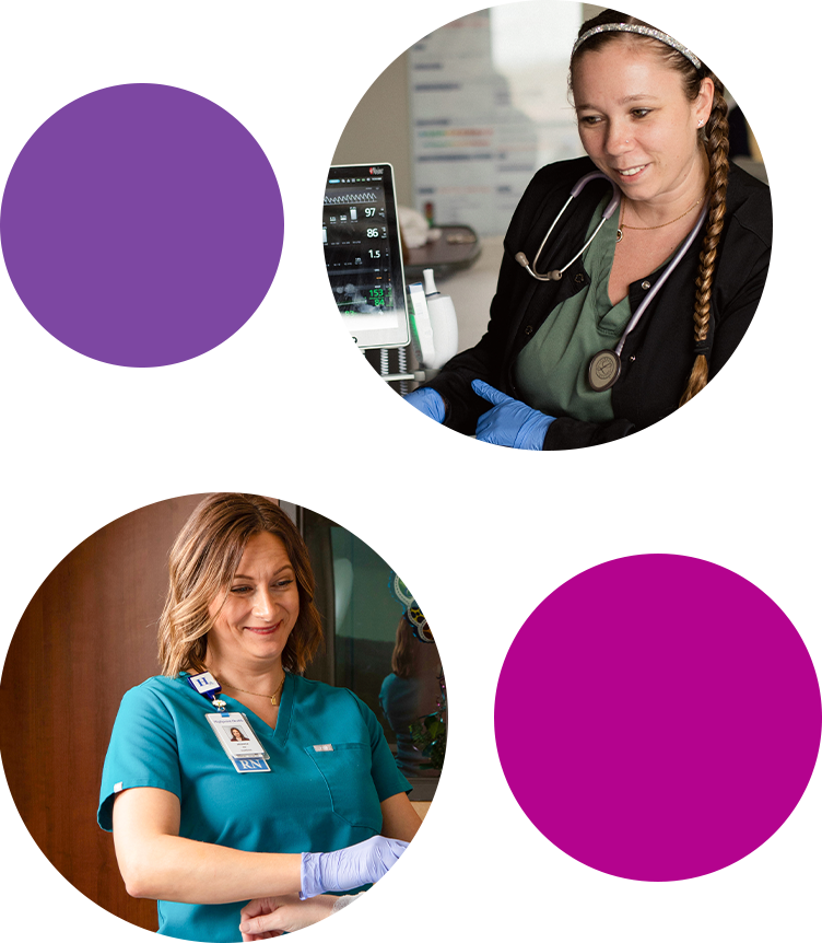graphic with circles and two healthcare worker photos