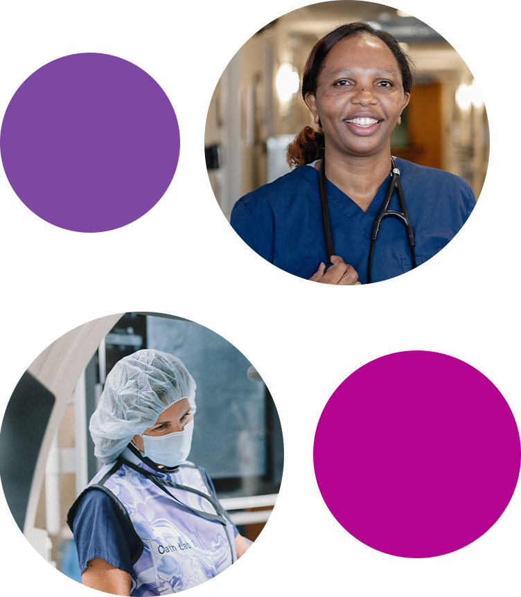 graphic with circles and two healthcare worker photos