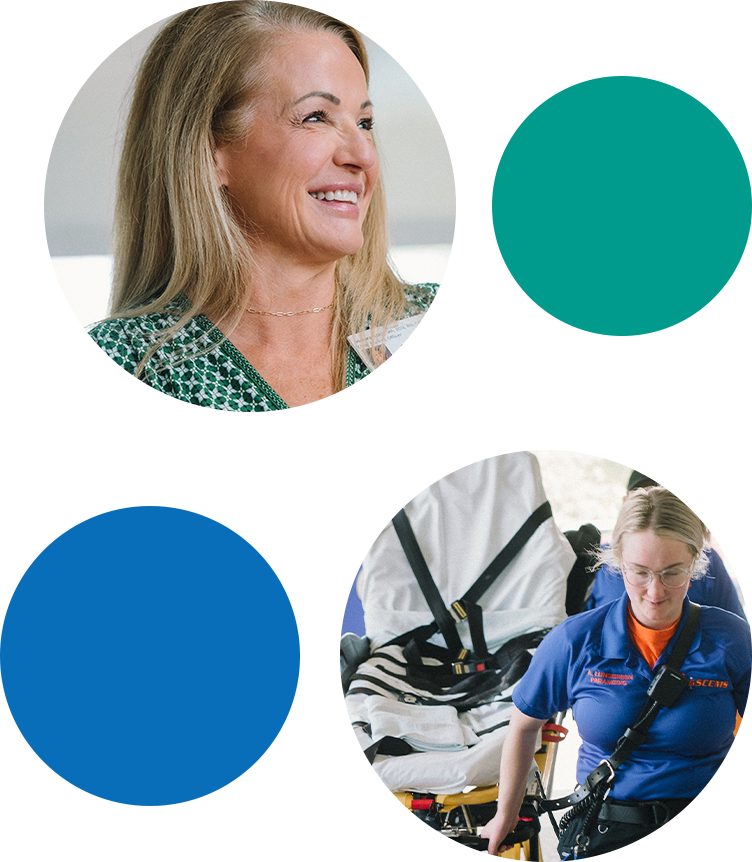 graphic with circles and two healthcare worker photos